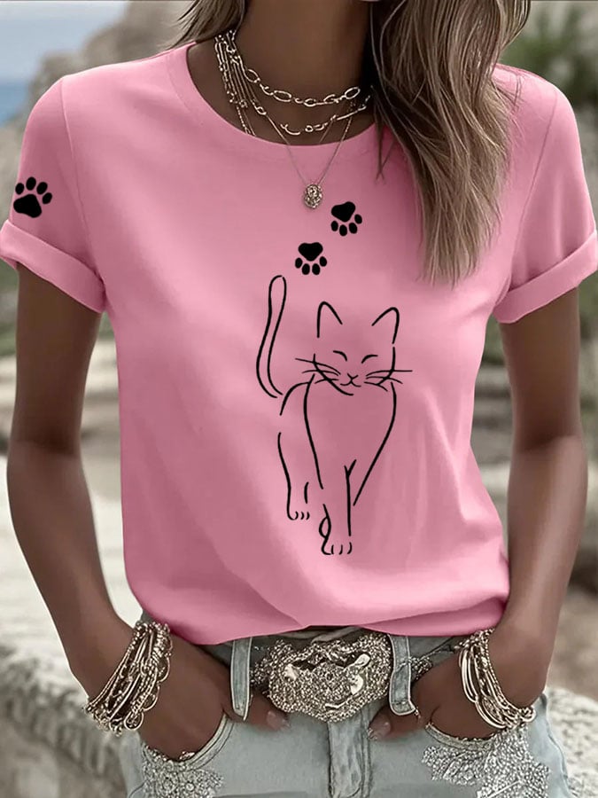 Women'S Cute Cat print Casual T-Shirt