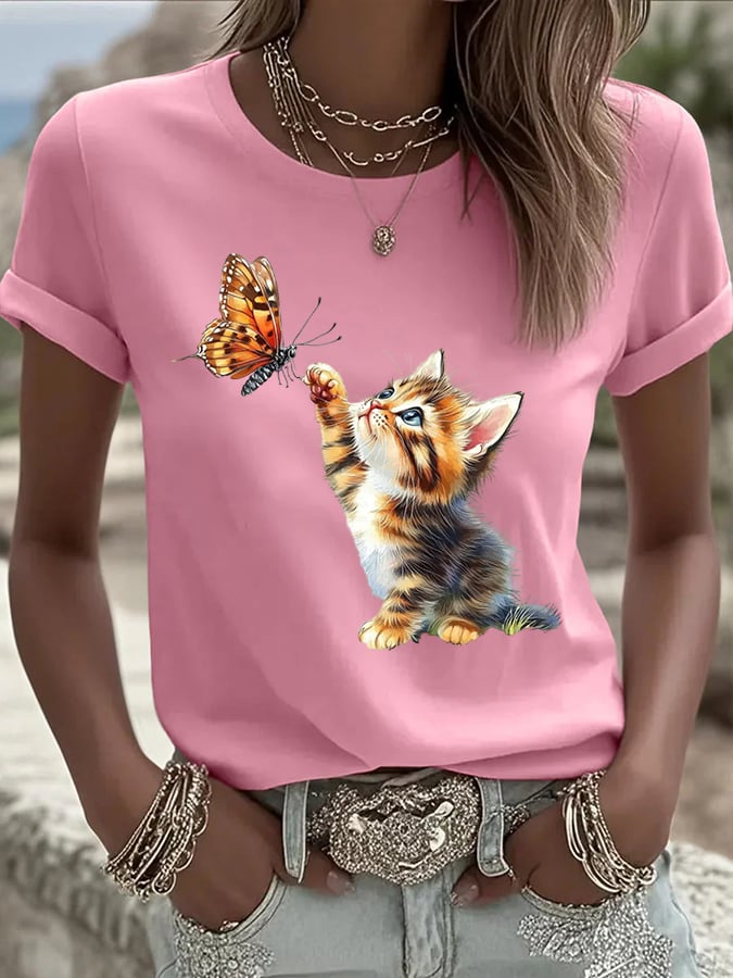 Women's Kitten and Butterfly Printed Casual T-Shirt