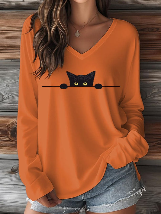Women's Cat Print V-Neck Long Sleeve T-Shirt