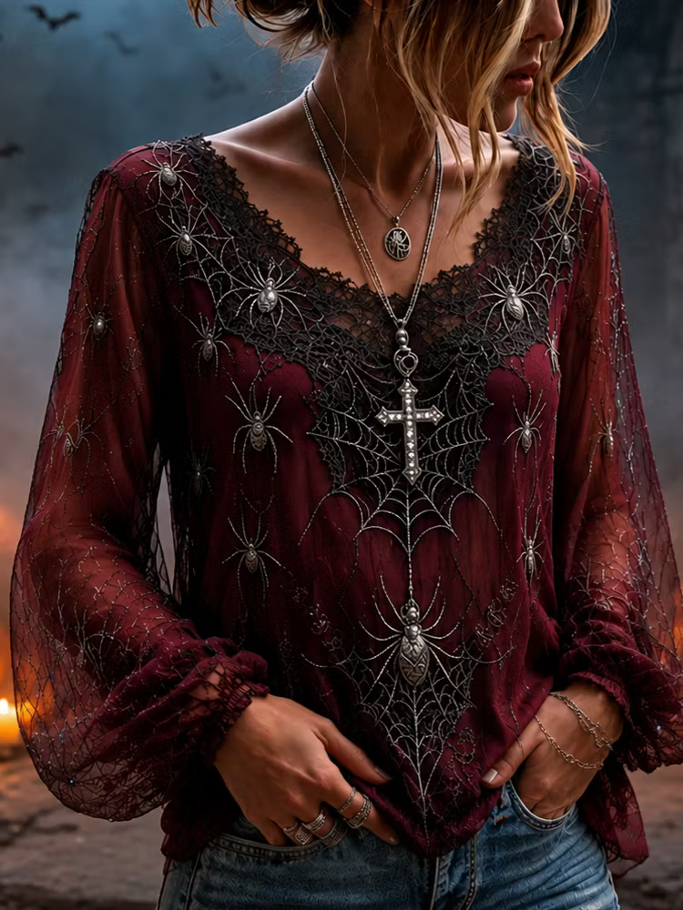 Women's Sheer Mesh Long Sleeve V-neck Blouse With Spiderweb And Spider Patterns