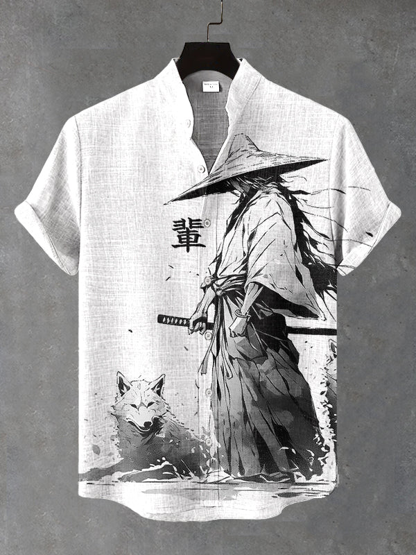 Men's Samurai And Wolfhound Ink Art Print Short Sleeve Shirt