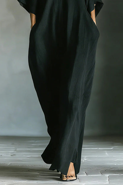 Women's Black Cotton Blend Fabric Oversized Kimono-Sleeve Maxi Dress With Pockets