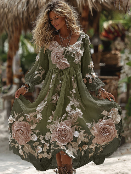Women's Vintage Romantic White Rose Embroidery Art Comfy Linen Maxi Dress
