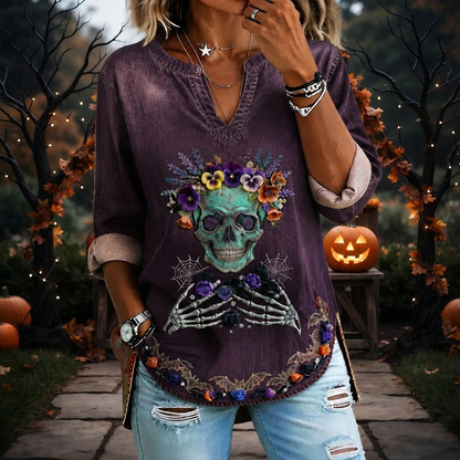 Women's Halloween Gothic Purple Skull, Skeleton Hand & Bat Print Top