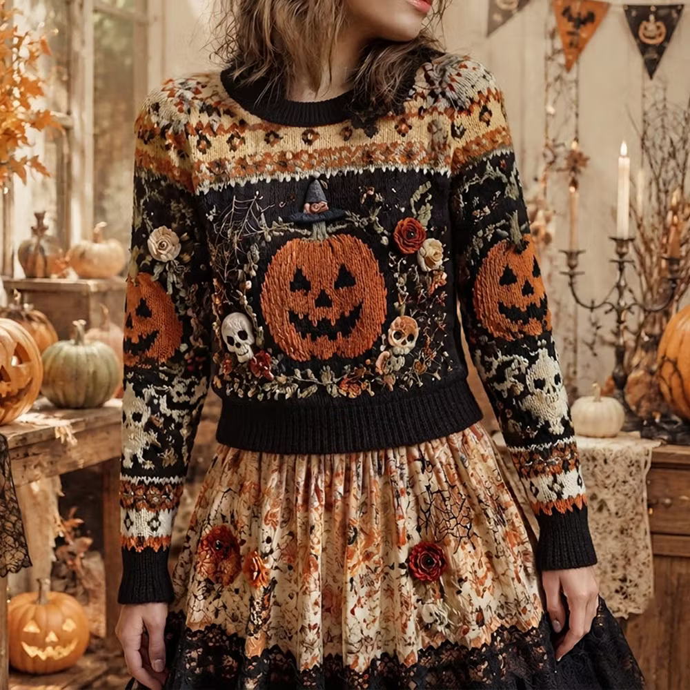 Women's Halloween Vintage Pumpkin, Skull & Floral Fair Isle Knit Sweater With Matching Skirt