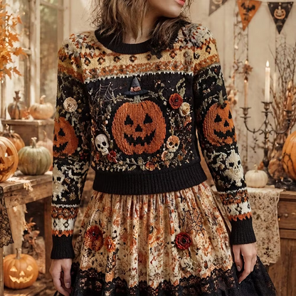 Women's Halloween Vintage Pumpkin, Skull & Floral Fair Isle Knit Sweater With Matching Skirt