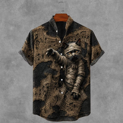 Men's Halloween Gothic Bandage Black Cat Art Short Sleeve Linen Shirt