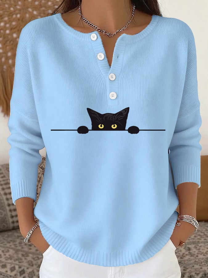 Women's Casual Cat Print Knit Top