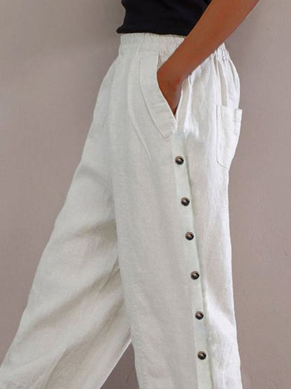 Casual Cotton Linen Button Pocket Trousers