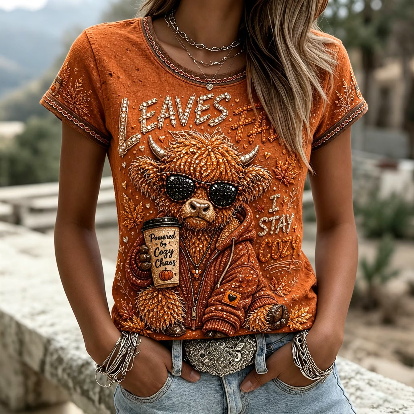 Women's Autumn Highland Cow Art Print Crew Neck Short Sleeve Casual T-shirt