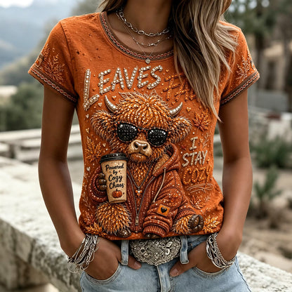 Women's Autumn Highland Cow Art Print Crew Neck Short Sleeve Casual T-shirt