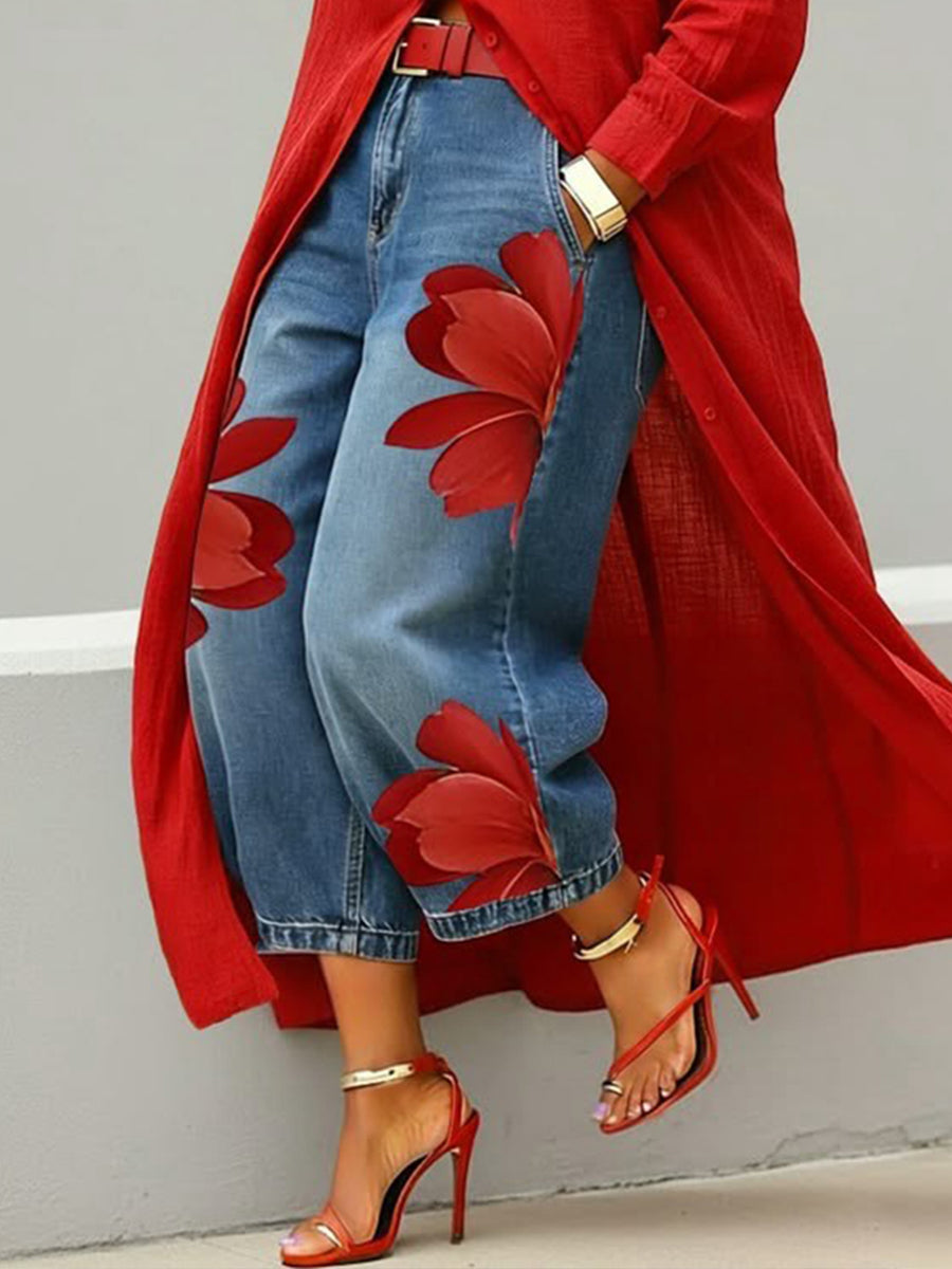 Women's Artistic Red Blossom Wide Leg Jeans