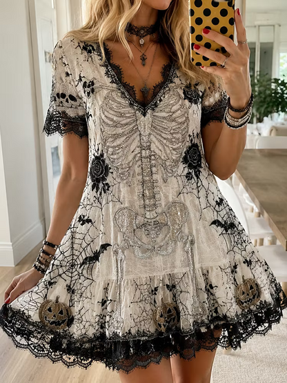 Women's Halloween V-neck Lace Dress With Skeleton, Spider Web, And Pumpkin Prin