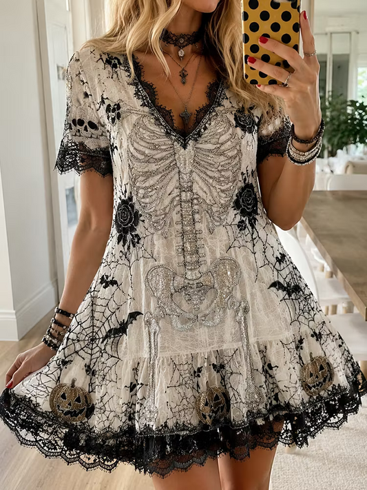 Women's Halloween V-neck Lace Dress With Skeleton, Spider Web, And Pumpkin Prin