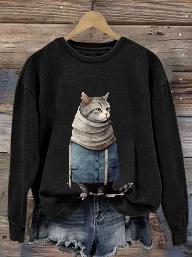 Women'S Winter Art Cat Print Crew Neck Casual Sweatshirt
