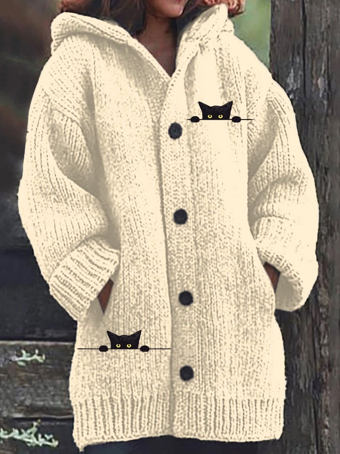 Women's Casual Cat Print Knitted Fabric Plush Jacket