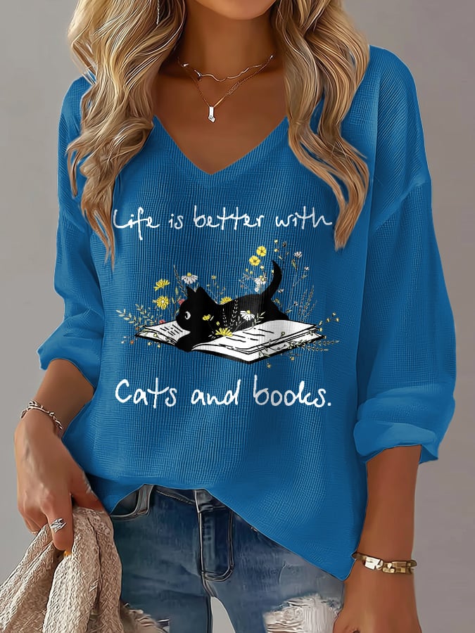 Women's 'life Is Better With Cats And Books' Cat Print Waffle Long-Sleeved T-Shirt