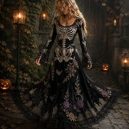 Women's Halloween Gothic Black Skeleton & Floral Lace Long-sleeve Maxi Dress