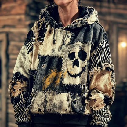 Women's Retro Halloween Skull And Smiley Face Pattern Distressed Patchwork Art Hooded Sweatshirt