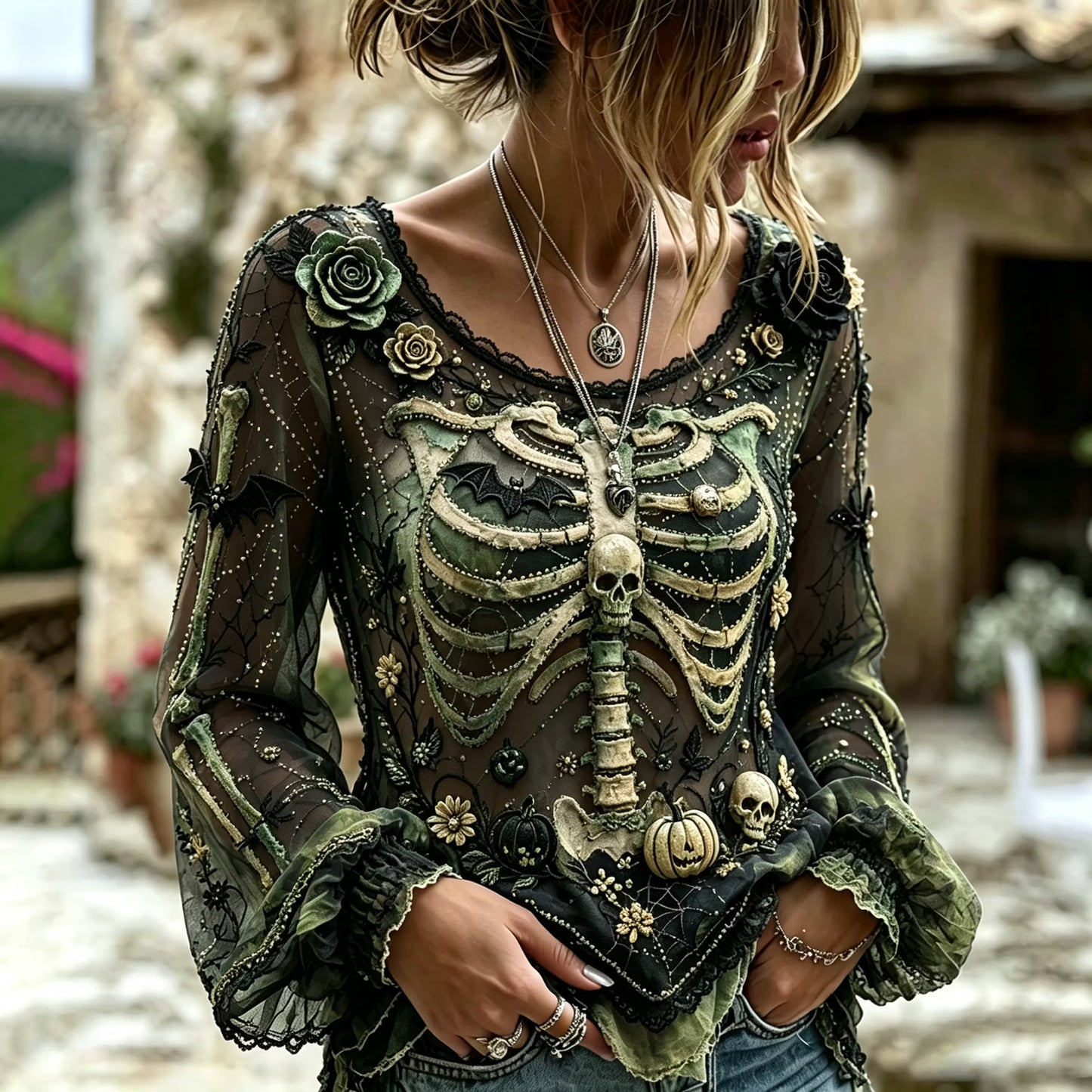 Vintage Halloween Skull And Floral Art Casual Long Sleeve Top