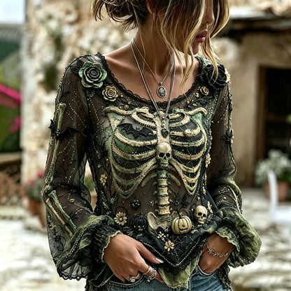 Vintage Halloween Skull And Floral Art Casual Long Sleeve Top