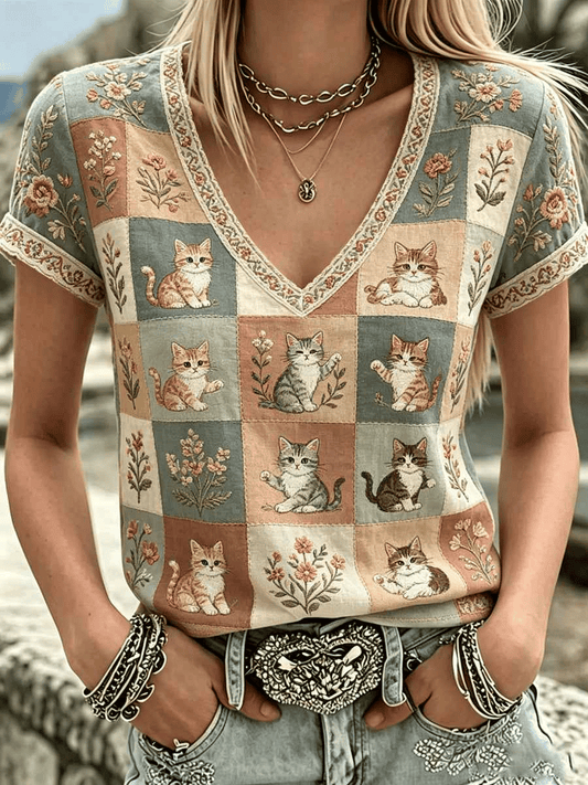Women's Retro Cats And Flowers Printed V-Neck Top