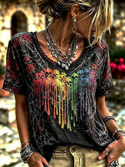 Women's Retro Halloween Style Skull, Rose, And Spiderweb Print Top