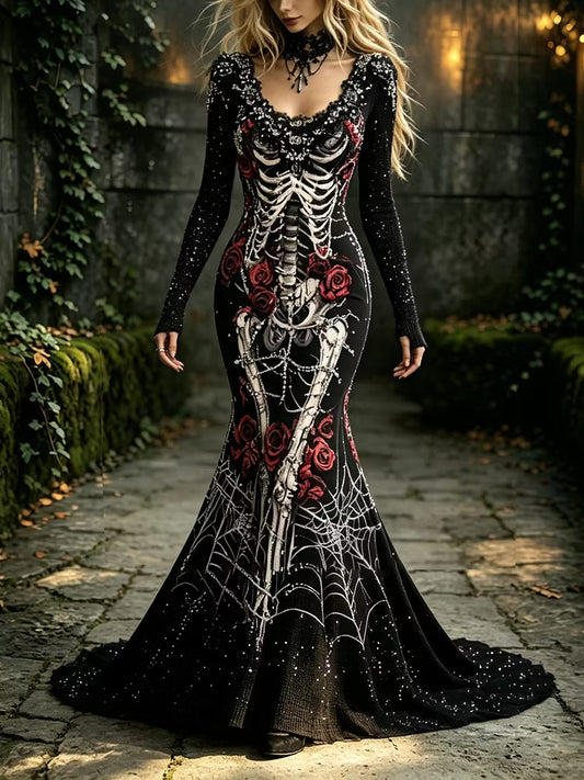 Women's Halloween Retro Skull And Floral Design Round Neck Long Sleeve Dress