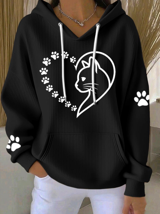 Women's Heart Paw Print Casual Hoodie Sweatshirt