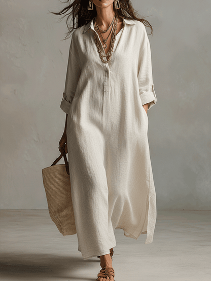 Vintage Lightweight Linen Maxi Shirt Dress In Natural Cream