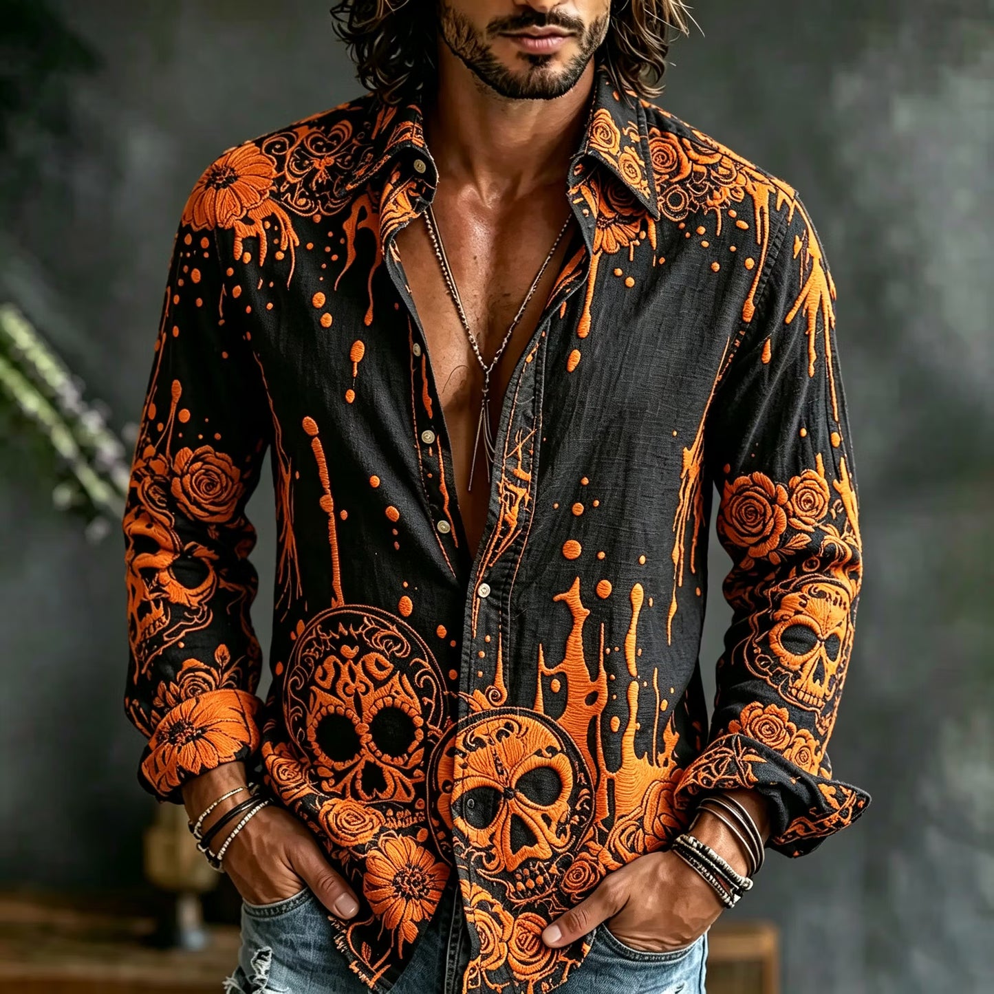 Men's Retro Halloween Skull Floral Art Casual Long-sleeve Shirt