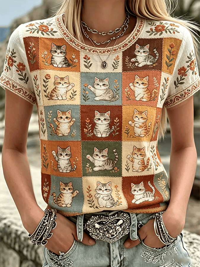 Women's Floral Cats Print Casual Tee
