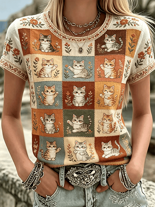Women's Floral Cats Print Casual Tee