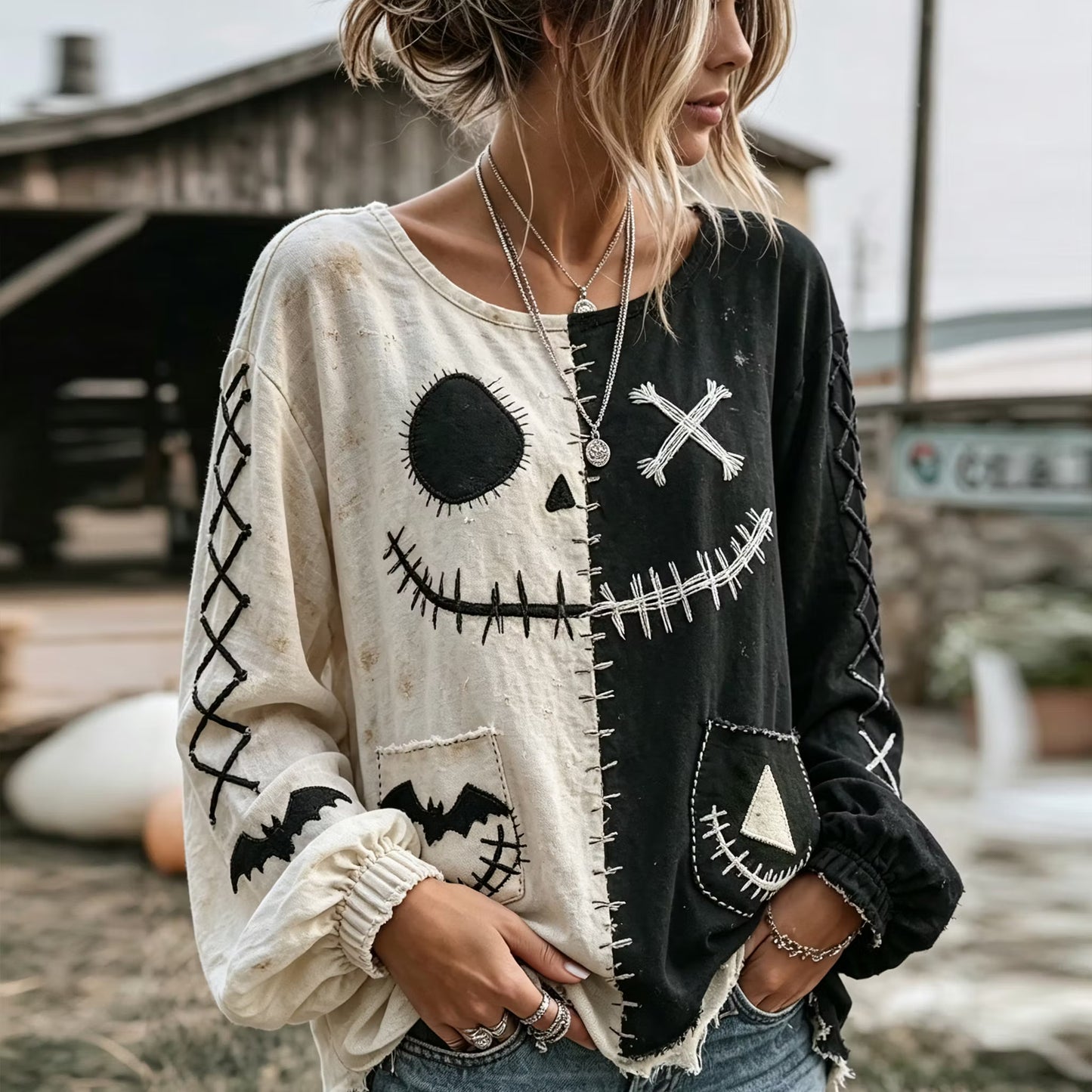 Women's Retro Halloween Spooky Smiley Face Color Block Casual Linen Shirt