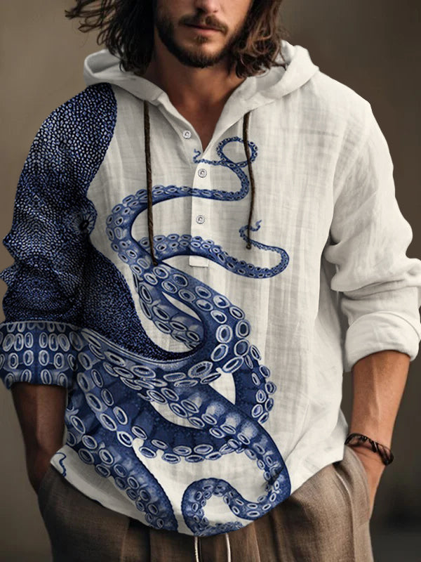 Men's Japanese Art Octopus Graphic Printed Hooded Shirt