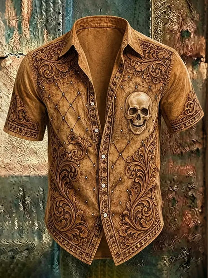 Men's Skull Floral Print Short Sleeve Shirt