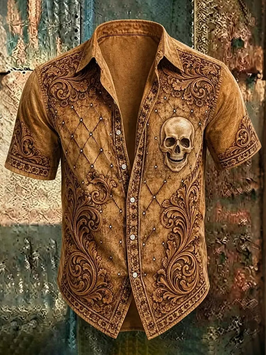 Men's Skull Floral Print Short Sleeve Shirt