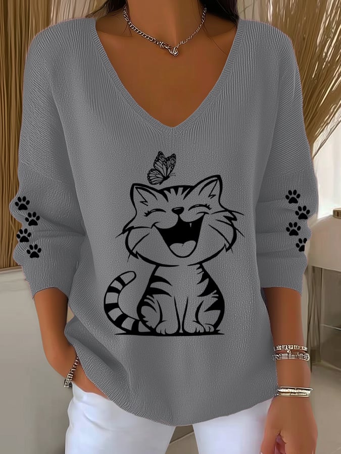 Women'S Cat and Butterflies Print Knitted Top