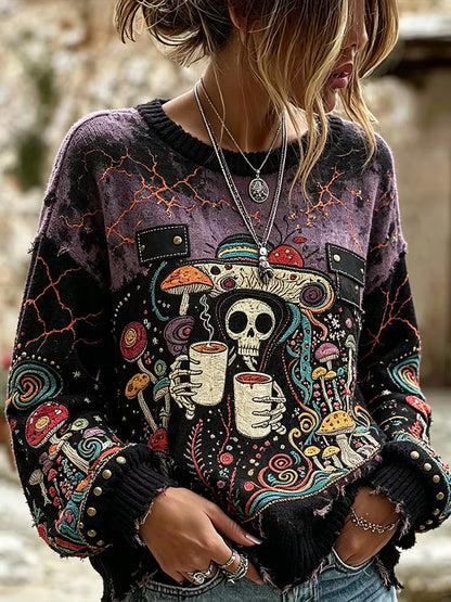 Women's Vintage Distressed Gothic Skeleton Witch Psychedelic Mushroom Embroidery Knit Pullover