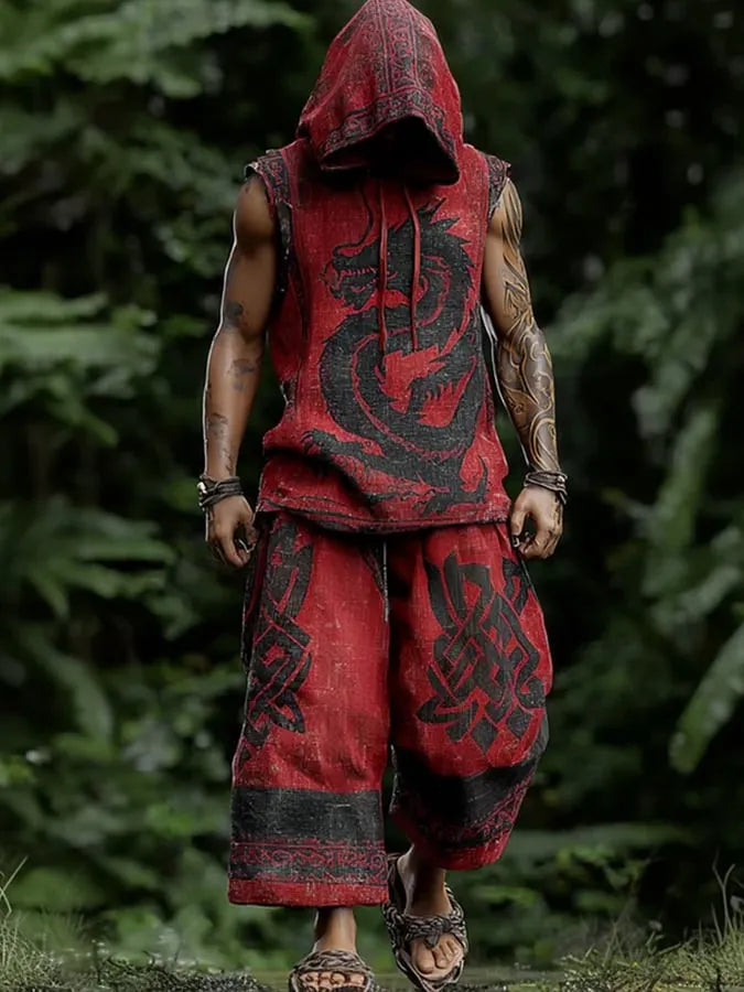 Men'S Viking-Style Color-Blocked Patterned Hooded Sleeveless Top And Pants Two-Piece Set