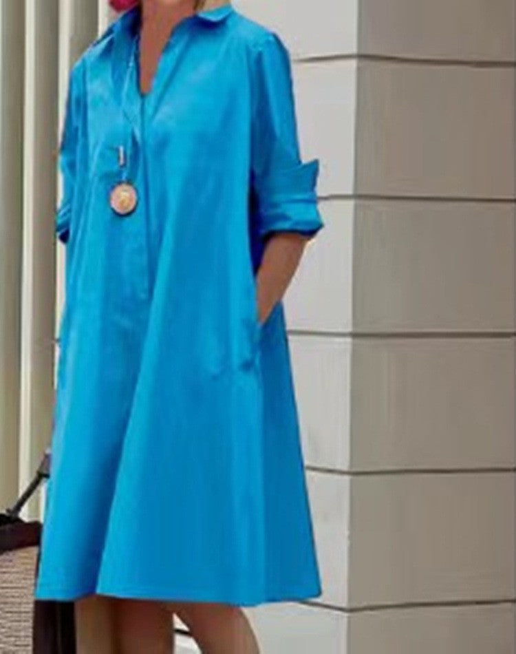 Spring-Summer New Type Fashion Temperament Shirt Collar Long Sleeve Pocket Mid-Length Dress
