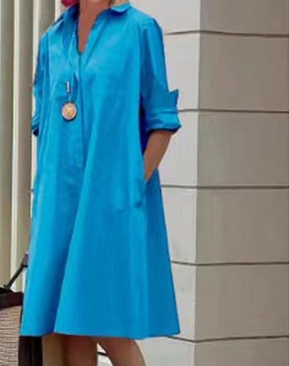 Spring-Summer New Type Fashion Temperament Shirt Collar Long Sleeve Pocket Mid-Length Dress