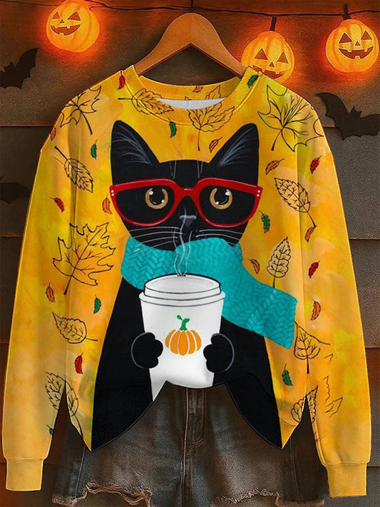 Women's Autumn Cat With Scarf Print Sweatshirt