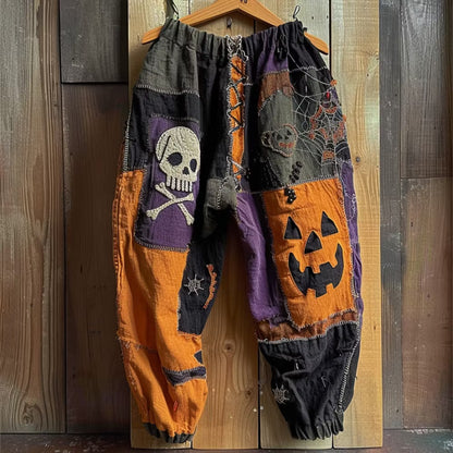 Halloween Horror Face And Skull Patchwork Stitched Comfortable Casual Sweatpants