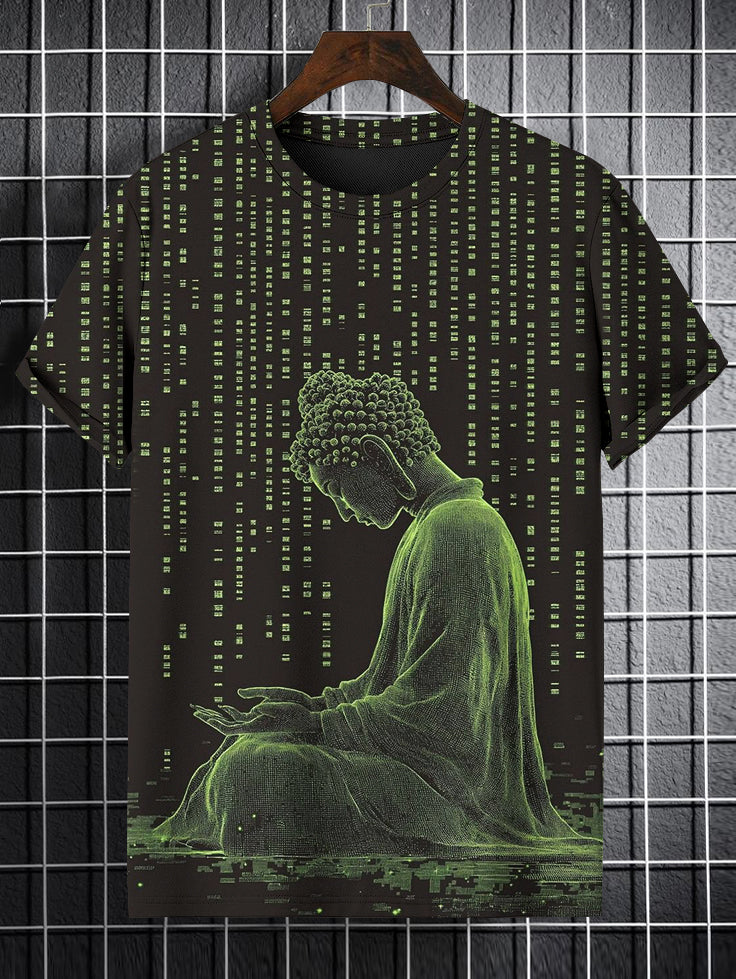 Men's Chinese Mythology Buddha Meditation Print Casual T-Shirt