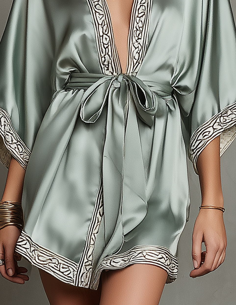 Opulent Sage Green Satin Embroidered Robe