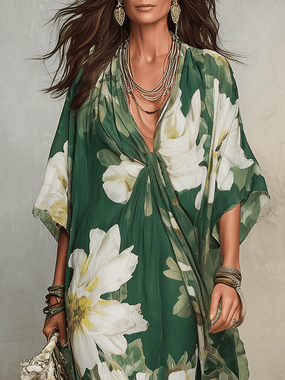 Emerald Bloom Flowing Bohemian Maxi Dress