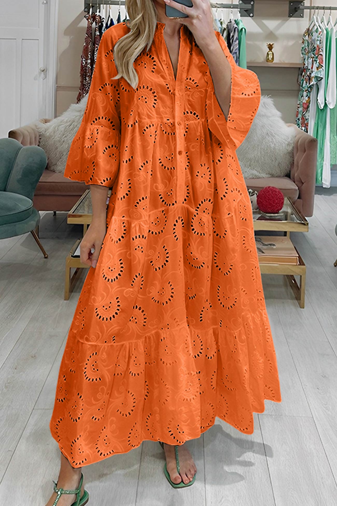 🎁Last day Clearance sale! V Neck Flares Sleeve Embroidery Cotton Dress