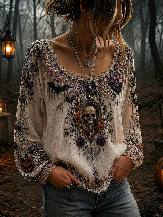 Women's Halloween Gothic Off-white Skull, Bat & Spiderweb Long-sleeve Top