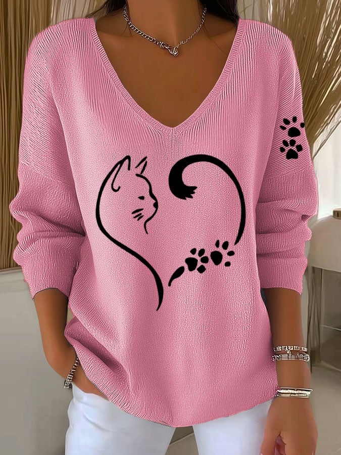 Women's Casual Cat Paw & Heart Print T-Shirt